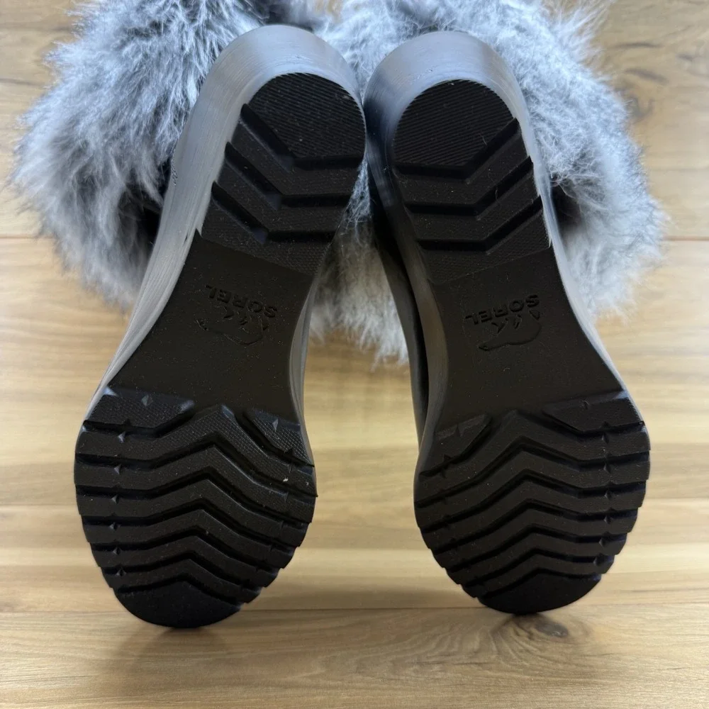 Sorel Park City Lux Leather Boot Womens 8.5 Black Gray Faux Fur Waterproof Wedge